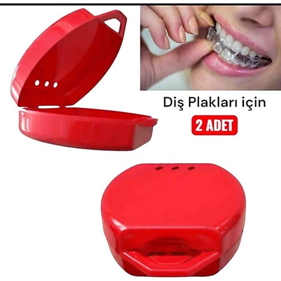 Gece Plağı Saklama Kutusu (2 Adet) Diş Plak Kabı - Kırmızı