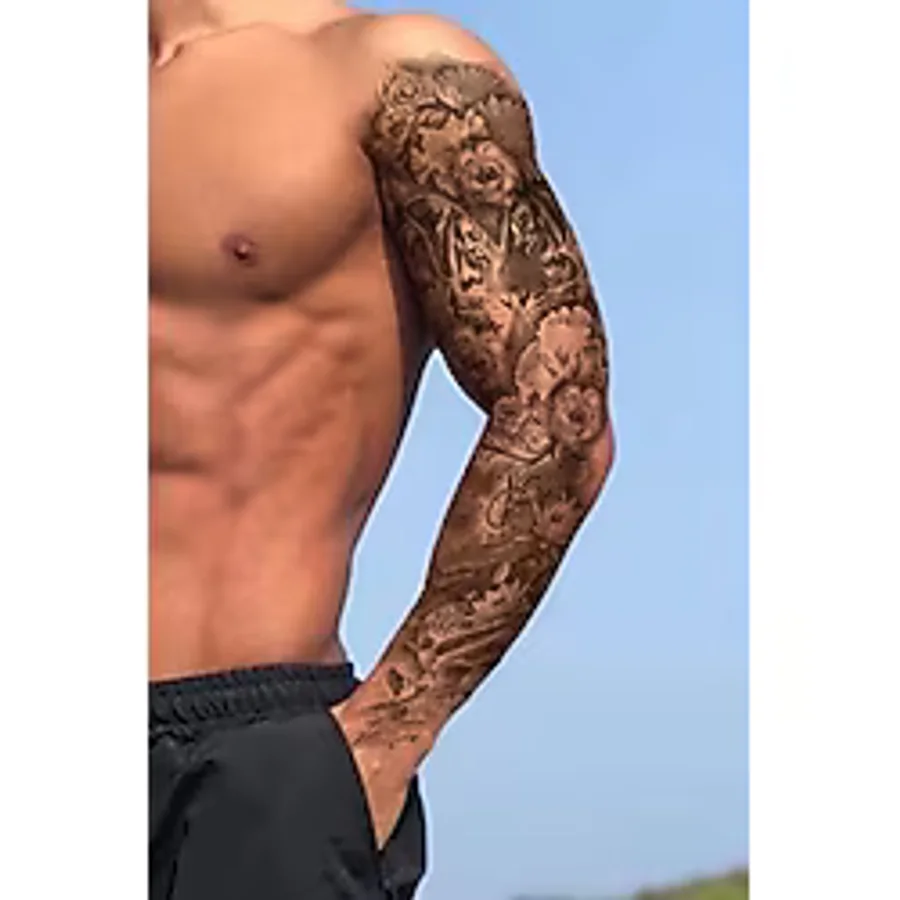 Geçici Kaplan Ve Çiçek Kol Dövme Tattoo