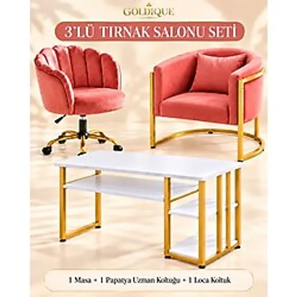 Genel Markalar Goldique Luxury 3'lü Manikür Seti - Tırnak Masası, Papatya Uzman Koltuğu ve Loca Müşteri Koltuğu