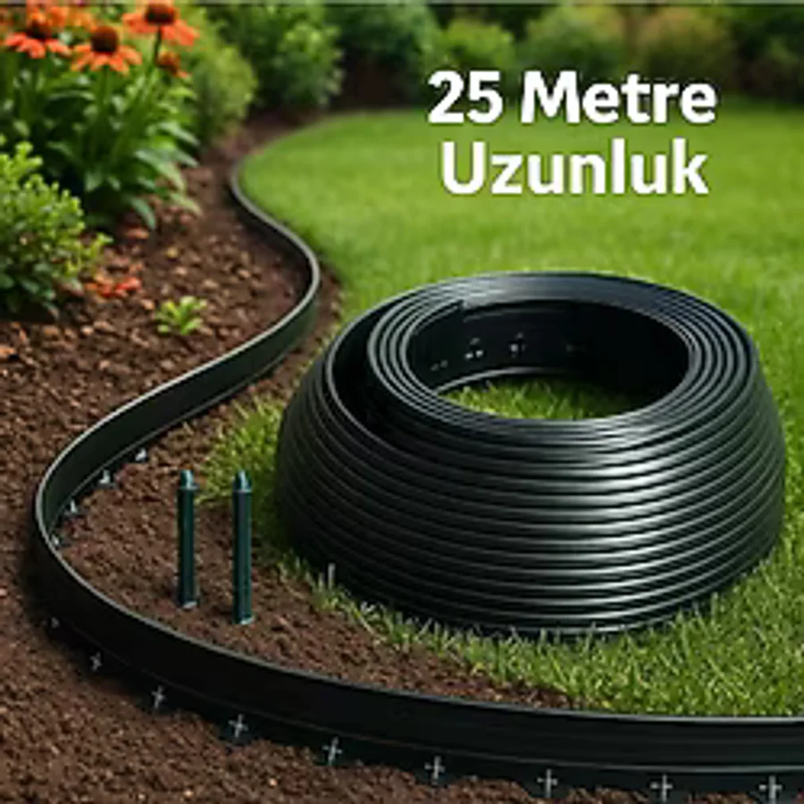 Geosu Teknik Üreticiden Siyah Çim Ayırıcı, Peyzaj Sınırlayıcı - Toprak Taş Ayıracı -25 Metre 40 Adet Sabitleme