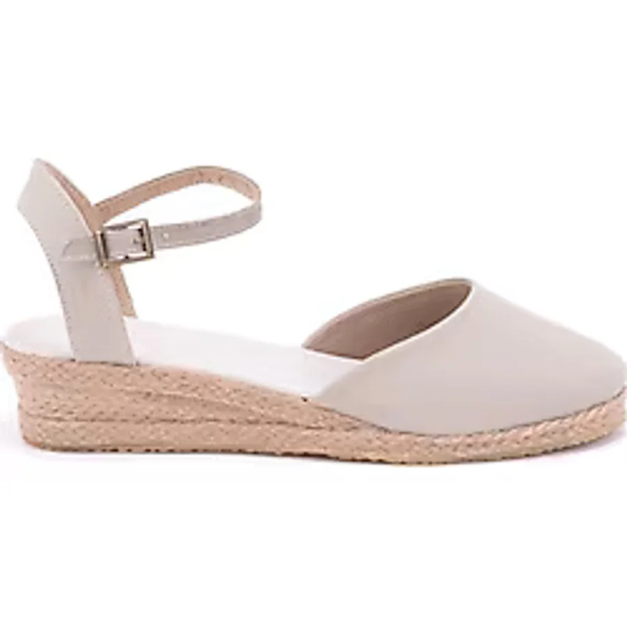 Gerçek Elişi Bej Topuğu Açık Bilekten Bantlı 3cm Dolgu Topuk Keten Hasır Espadril Handmade