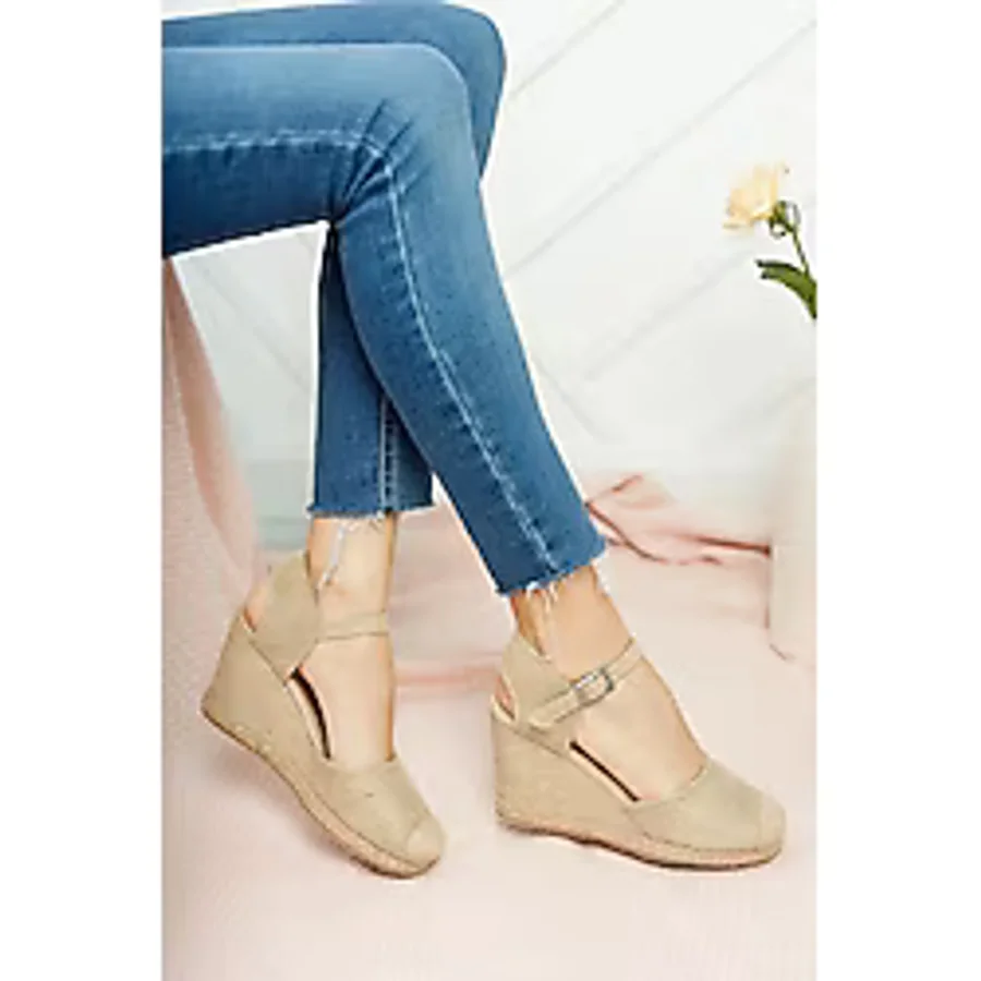 Gerçek Elişi Keten Hasır Espadril Burnu Hasırlı Arkası Açık Dolgu Topuk Handmade