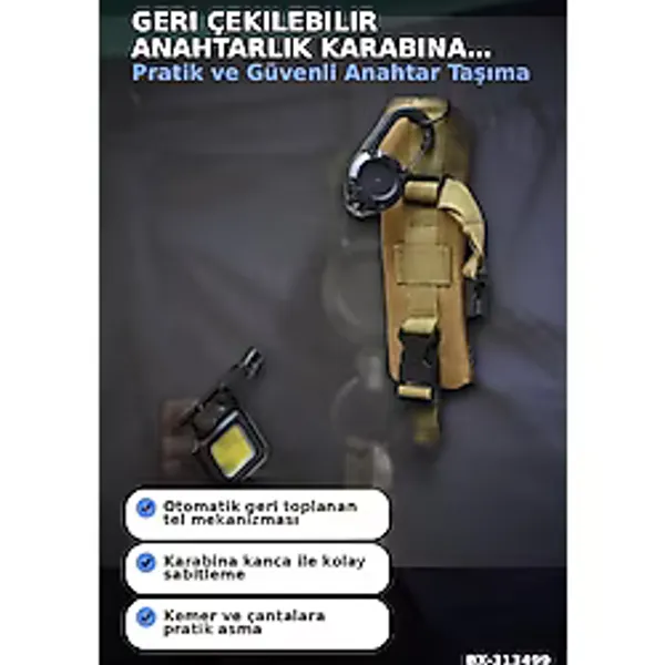 Geri Çekilebilir Çelik Halatlı Anahtarlık 68 Cm - Karabina Kancalı Kemer Aksesuarı Bx-313499