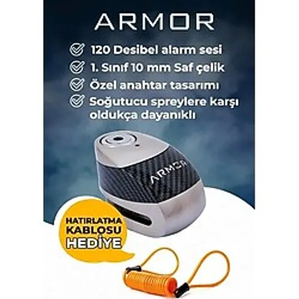 Geseus Armor 610 Mva 10 Mm Alarmlı Çelik Disk Kilit Motorsiklet Kilidi+hatırlatma Kablosu Siyah