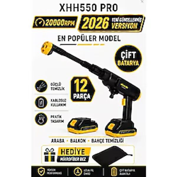 Geseus Çift Akülü Şarjlı Yüksek Basınçlı Oto Yıkama Tabancası - Araba, Halı, Klima Temizleme & Bahçe Sulama Makinesi - Xhh550pro