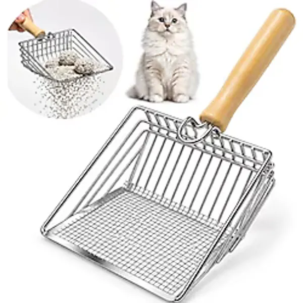 getmeev Kedi Kumu Eleme Küreği Paslanmaz Metal Tel Tasarım, Ahşap Saplı, Geniş 15x15 cm Elek Yüzeyi, 27 cm Uzunluk, Dayanıklı ve Kolay Temizlenir Kedi Tuvaleti Kum Küreği