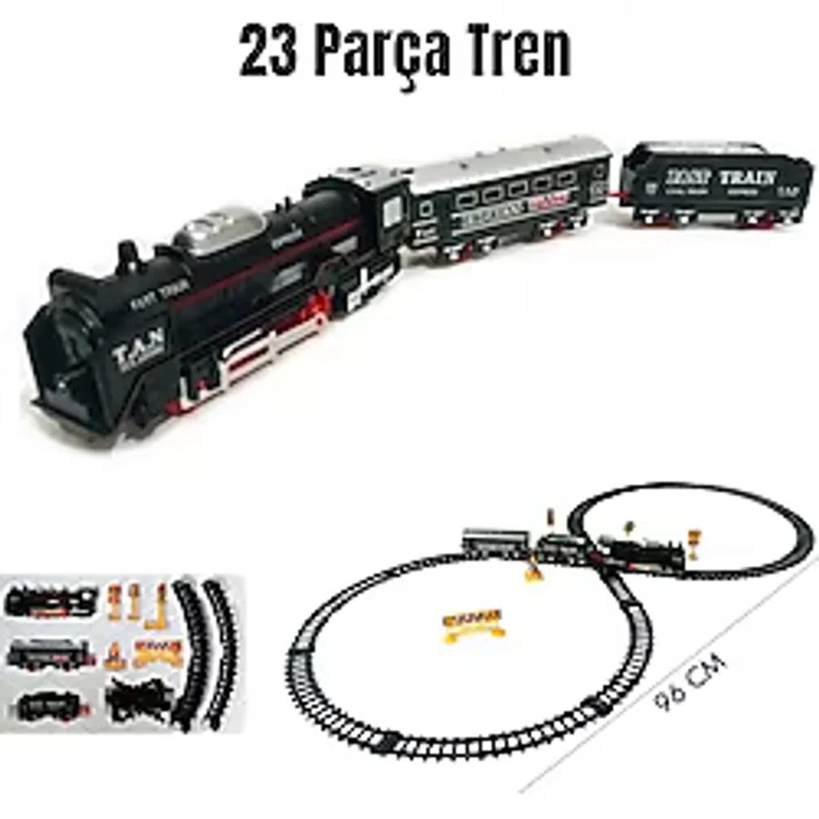 Giffy Oyuncak 23 Parça Retro Vagonlu Işıklı Tren Seti 96 cm Ray Uzunluğu 3 Vagonlu 8 Şeklinde Ray Dizilimi 3 Farklı Ray Kombinasyonu - Siyah