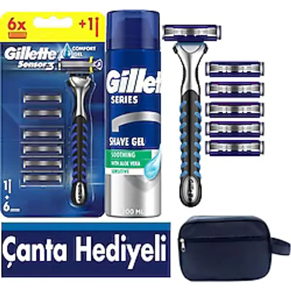 Gillette Sensor3 Erkek Tıraş Seti - 6 Bıçak + 200 ml Tıraş Jeli + Çanta Hediyeli