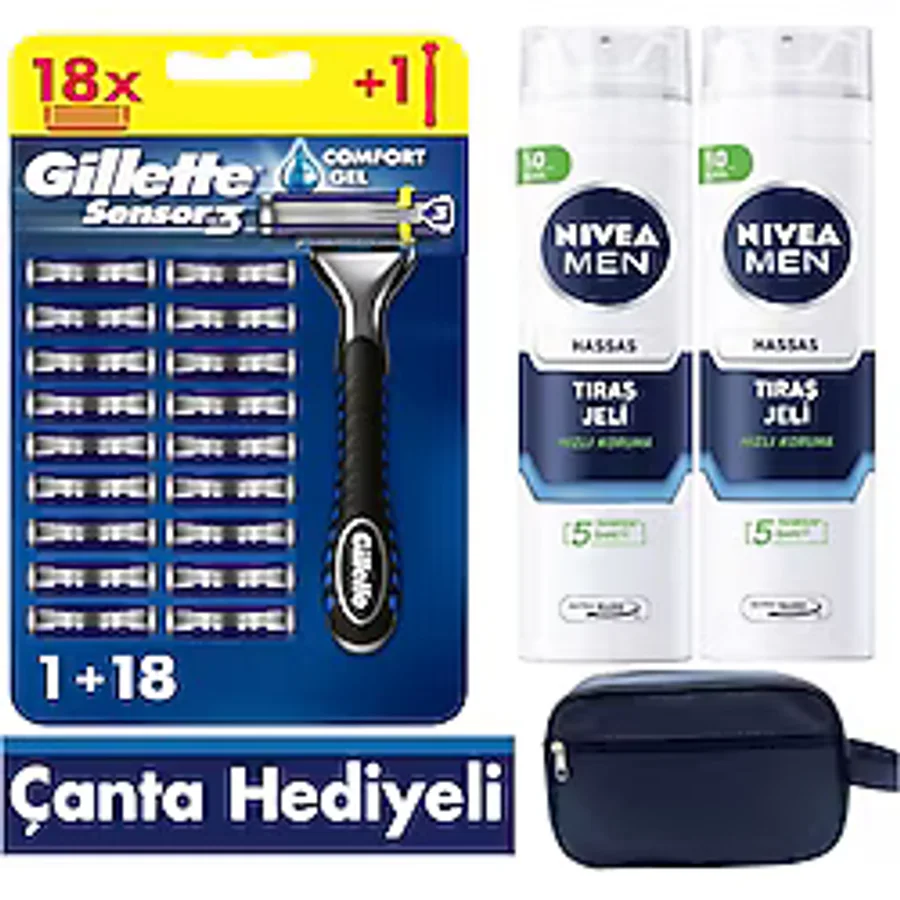 Gillette Sensor3 Tıraş Makinesi + 18 Yedek Tıraş Bıçağı+ 400 Ml Jel +Çanta