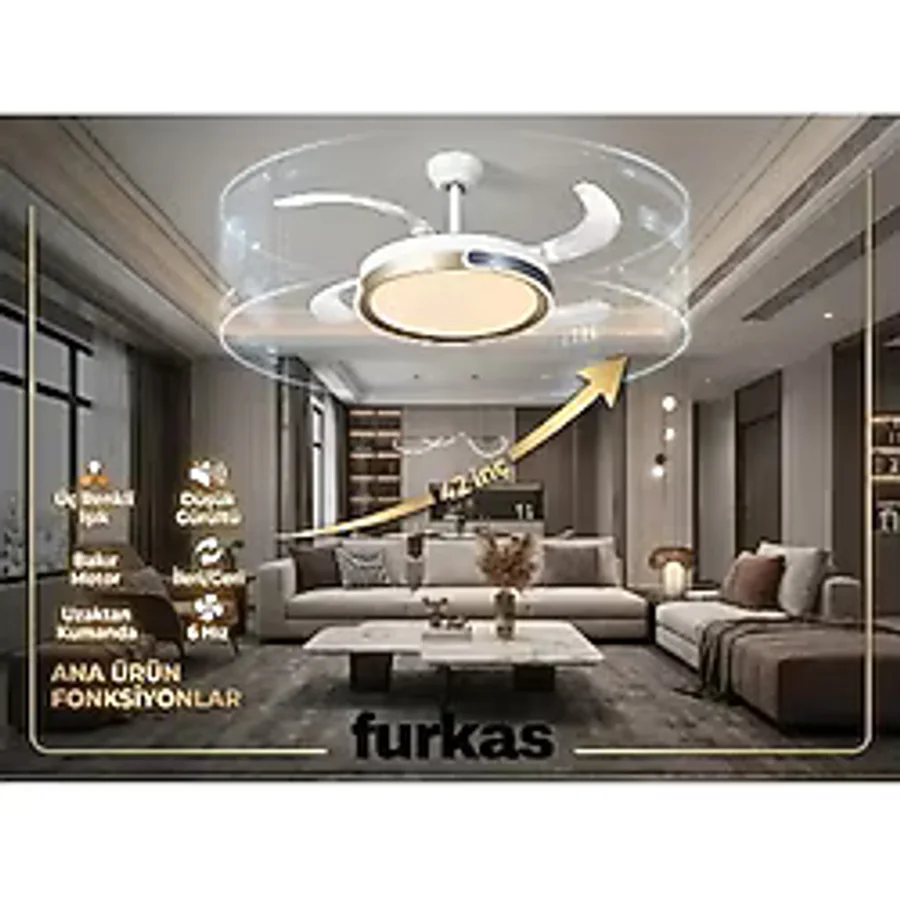 Gizli Kanatlı Tavan Vantilatörü ve Oda Vantilatörü - Yaz/kış Modlu 3 Işık Modlu Kumandalı Şık Tasarım - Beyaz - Gri