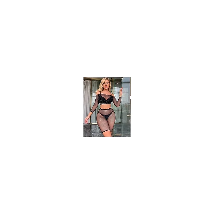 Gizmurstore Kadın Seksi 2 Parça Taşlı Omuzları Açık Crop- Şort Vücut Çorabı - MZUIRG2305-1144