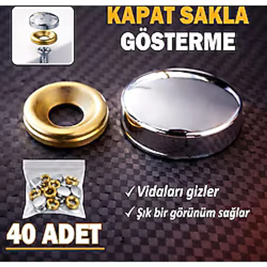 Glaswen 40 Adet Vida Kapatıcı Kapağı 15 mm Metal Vida Tapası Tıpası Dekoratif Vida Gizleyici Krom