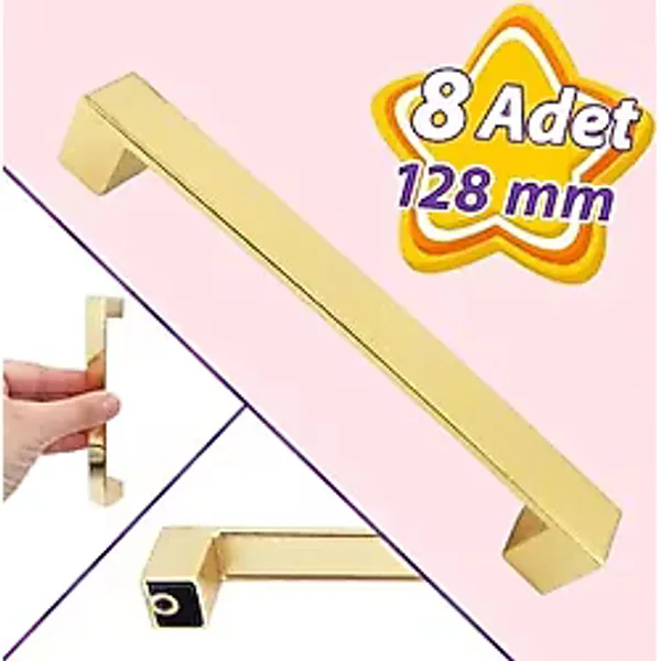GLASWEN 8 Adet Bihter Düz Kulp 128 Mm Altın Mutfak Kulpu Çekmece Dolap Kapak Kulbu Metal Mobilya Dolabı Kulpları