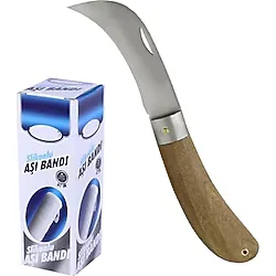 GLASWEN Aşı Bıçağı Eğri Uçlu Ara Çakı Bağ Bıçağı Paslanmaz Çelik + Ağaç Meyve Aşı Bandı Aşılama Bağı Fidan Bant (2'li Set) Kahverengi