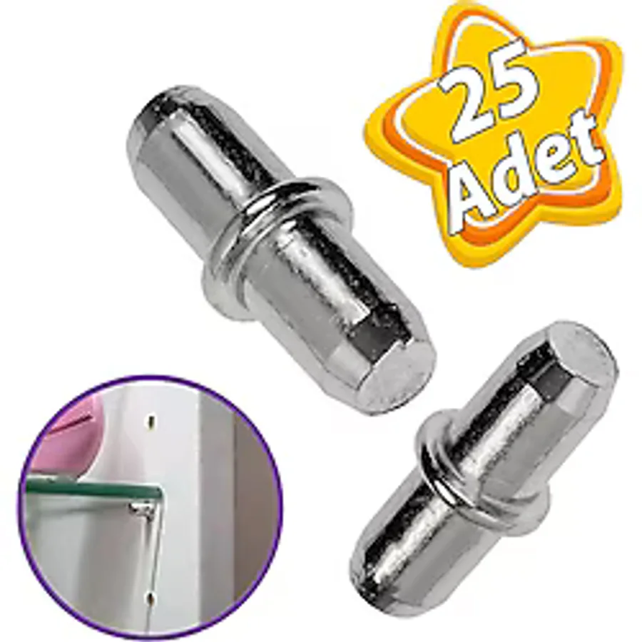 GLASWEN Metal Halkalı Raf Pimi Cam Ahşap Metal Raf Tutucu Çivisi Mobilya Dolap Pimi (25 Adet)
