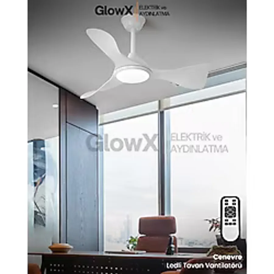GlowX Elektrik Işıklı Tavan Vantilatörü-Avize Vantilatör-3 Renkli Işık - Beyaz
