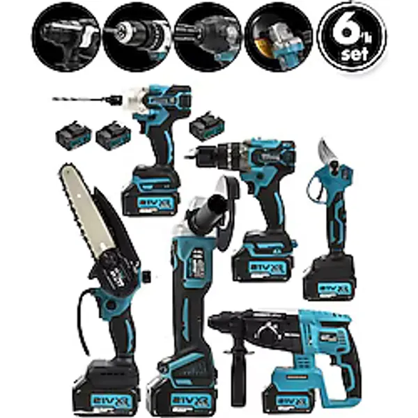 Go İthalat 6pcs Usta Elektrikli Alet Seti ŞARJLI=21V Spral Taşlama - Hilti - Bağ Makas - Somun Sökme - Darbeli Vidalama - Budama Testere Plastik Çantal ASR-1111 (5468)