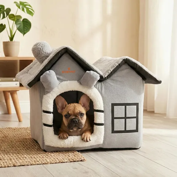 GOBYPET 2 Çatılı Kedi Evi ve Küçük Irk Köpek Kulübesi ve Yuvası - Minderli Peluş İç Mekan Yatağı, Fermuarlı Üst Bölüm, Taşınabilir Ev Tipi Yuva
