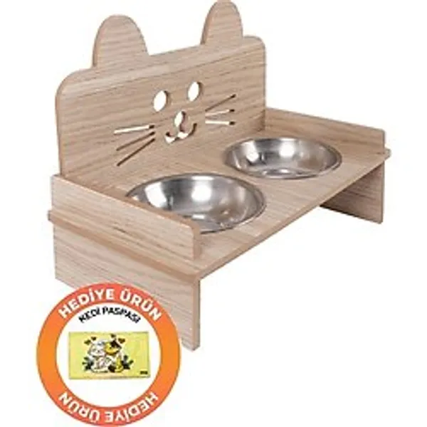 GOBYPET Ahşap Kulaklı Kedi Mama Su Kabı Standı, Kedi Mama Kabı, Kedi Paspası Kolay Temizlenir Kapasiteli