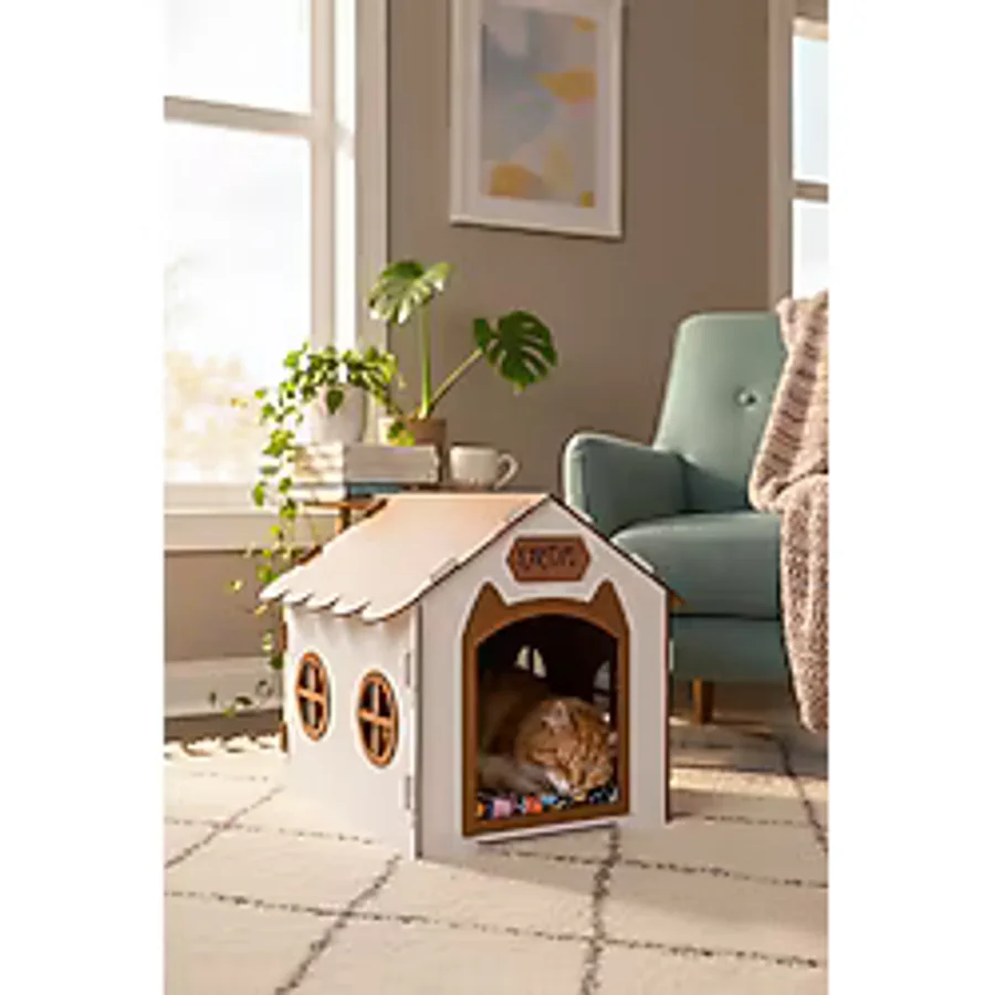Gobypet Ahşap Özel İsim Baskılı Dekoratif Kedi Evi-Kulübesi, Kediler İçin Kulübe, Kedi Kulübesi Beyaz-Ceviz