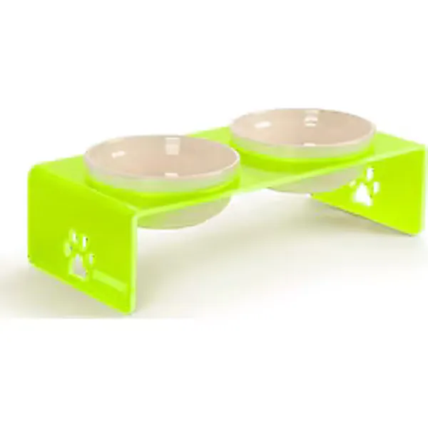 Gobypet Çift Hazneli Pleksi Kedi Ve Köpek Mama Kabı, Yükseltilmiş Seramik Mama Ve Su Kabı, Ergonomik Tasarım, Kolay Temizlenebilir (Beyaz Seramik, Yeşil Pleksi)