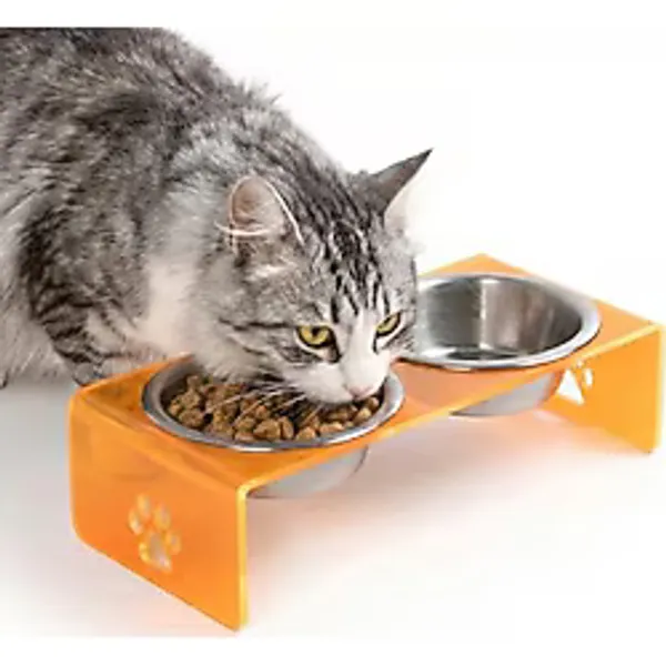 Gobypet Çift Hazneli Pleksi Kedi ve Köpek Mama Kabı, Yükseltilmiş Seramik Mama ve Su Kabı, Ergonomik Tasarım, Kolay Temizlenebilir (Metal, Turuncu Pleksi)