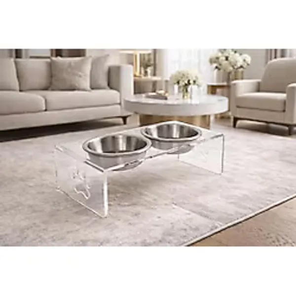 Gobypet Çift Hazneli Pleksi Kedi ve Köpek Mama Kabı, Yükseltilmiş Seramik Mama ve Su Kabı, Ergonomik Tasarım, Kolay Temizlenebilir (Metal, Şeffaf Pleksi)
