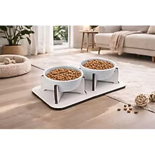 Gobypet Kedi Köpek Mama Kabı, Ahşap Ayrılabilir Tabanlı 2'li Mama ve Su Kabı Seti - Kaymaz Stand, Hijyenik Kaseler, Minimal Tasarım, Seramik Kase (Mavi Seramik)
