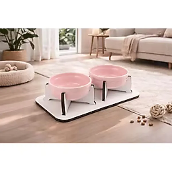 Gobypet Kedi Köpek Mama kabı, Ahşap Ayrılabilir Tabanlı 2'li Mama ve Su Kabı Seti - Kaymaz Stand, Hijyenik Kaseler, Minimal Tasarım, Seramik Kase (Pembe Seramik)