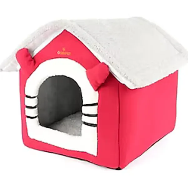 GOBYPET Klasik Çatılı Katlanabilir Kedi Evi ve Küçük Irk Köpek Yatağı - Fermuarlı Çıkarılabilir Üst Bölüm, Minderli Peluş İç Mekan Kedi Yuvası, Taşınabilir Kulübe