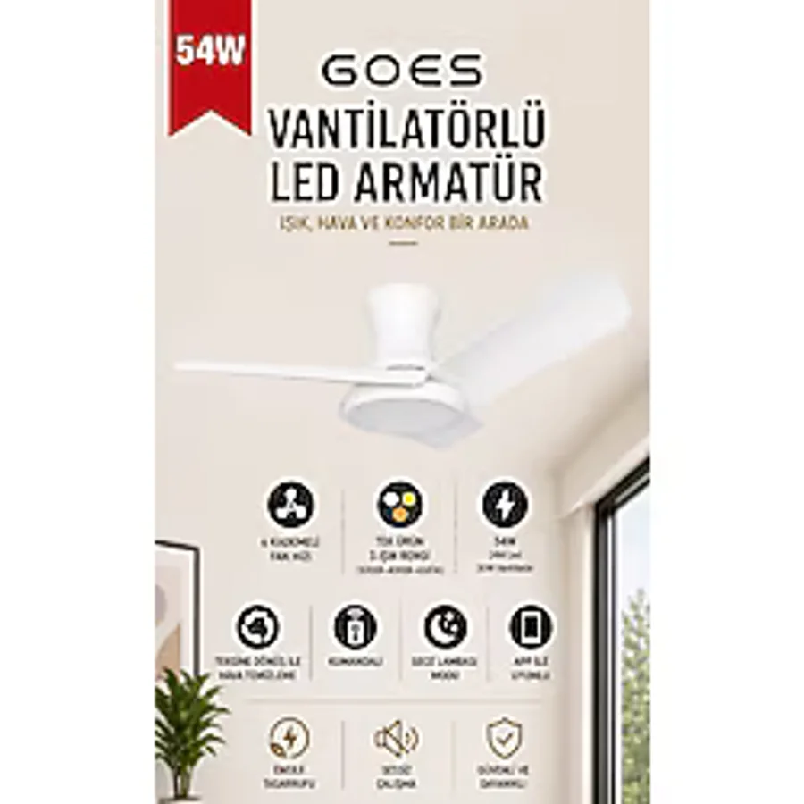Goes LED Işıklı Tavan Vantilatörü Avize Armatür 80CM 54W 6 Hız Kademeli Kumandalı Telefon Uygulaması Kontrollü Gva-54 - Beyaz
