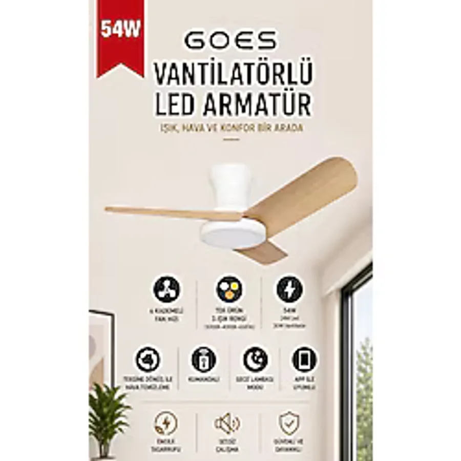 Goes LED Işıklı Tavan Vantilatörü Avize Armatür 80CM 54W 6 Hız Kademeli Kumandalı Telefon Uygulaması Kontrollü Gva-54 - Beyaz - Meşe