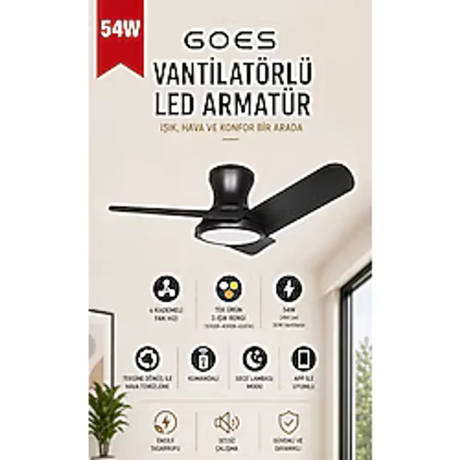 Goes LED Işıklı Tavan Vantilatörü Avize Armatür 80CM 54W 6 Hız Kademeli Kumandalı Telefon Uygulaması Kontrollü Gva-54 - Siyah