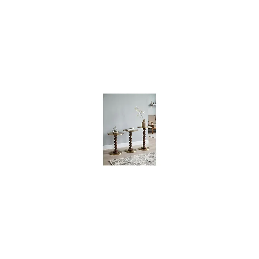 goji home decor 3'lü Ahşap Metal Sehpa Pirinç Kaplama 50-55-60 cm Naturel Ceviz Zigon Sehpa Modern Yan Sehpa Seti