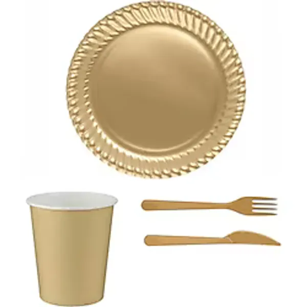 Gold Renk Plastik Tabak Bardak Çatal Bıçak Seti 16 Kişilik