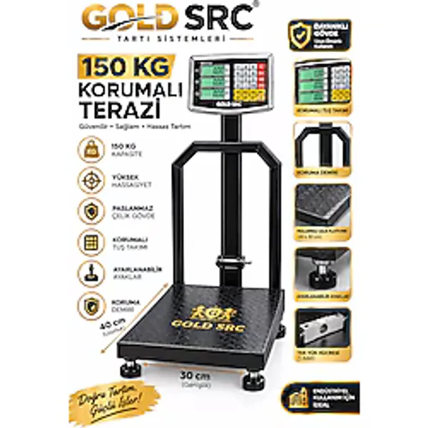 GOLD SRC 150 Kğ Terazi Koruma Demirli Kantar Yüksek Hassasiyetli Tartı Paslanmaz Çelik Gövde 150 Kğ Kapasiteli