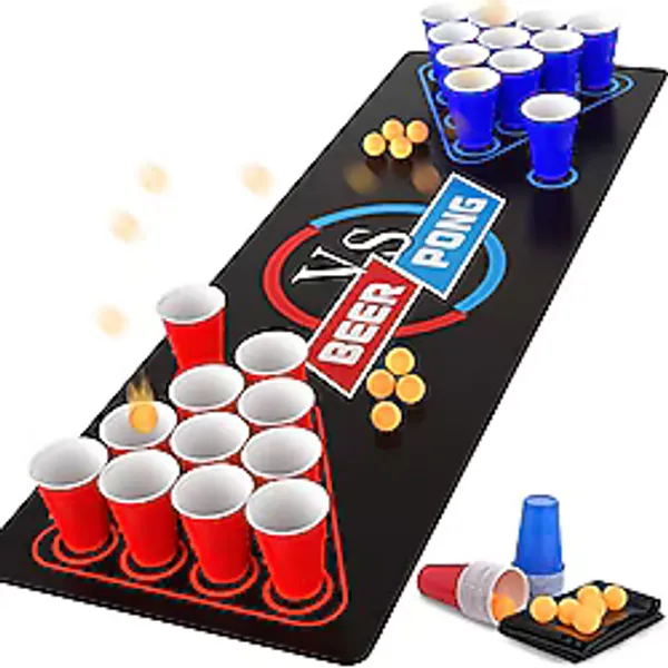 GOLDGE 63 x 23,6 inç Beer Pong Masa Örtüsü, Yetişkinler için İçme Oyunları Parti, 8 adet Bira Pong Topları, 30 adet Beer Pong Bardak