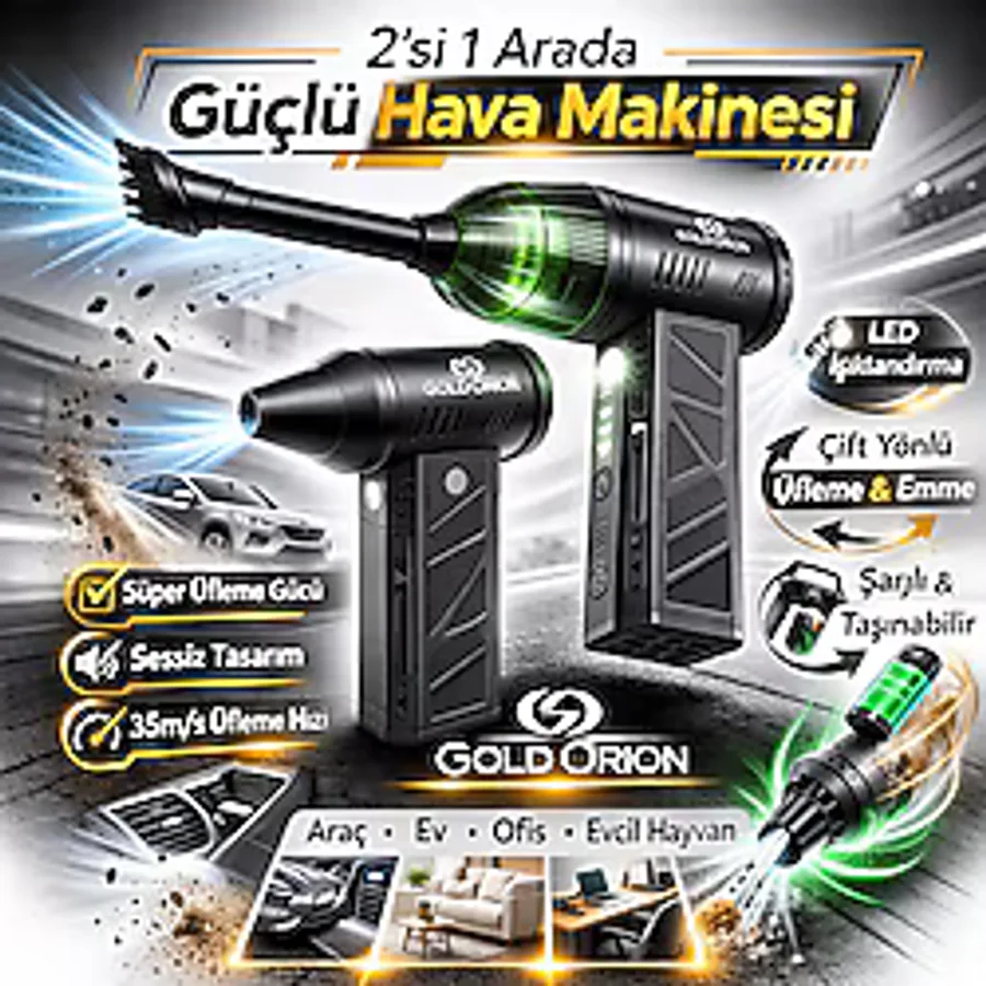 Goldorion Mini Şarjlı Hava Üfleyici ve Vakumlu El Süpürgesi - 110.000 RPM Güçlü Motor, Led Işıklı