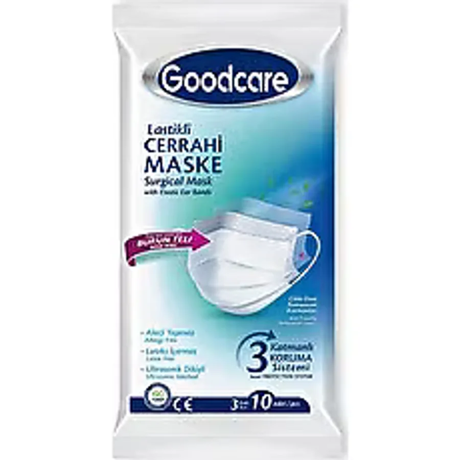 Goodcare Lastikli 3 Katlı Ultrasonik 10'lu Burun Telli Cerrahi Maske