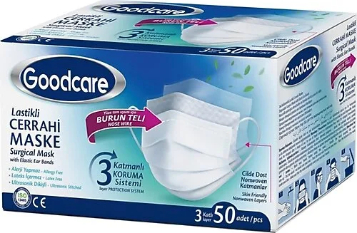 Goodcare Lastikli 3 Katlı Ultrasonik 50 Adet Burun Telli Cerrahi Maske