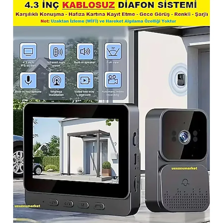 Görüntülü Kablosuz 4.3 Inç Diafon Zil Sistemi(Kayıt Etme-Gece Görüş-Renkli-Konuşma-Şarjlı)