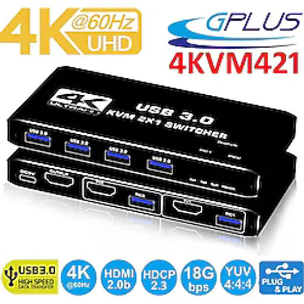 Gplus 4KVM421 KVM Switch 2x1 HDMI 4K USB 3.0 HDCP 2.3 HDR10 EDID