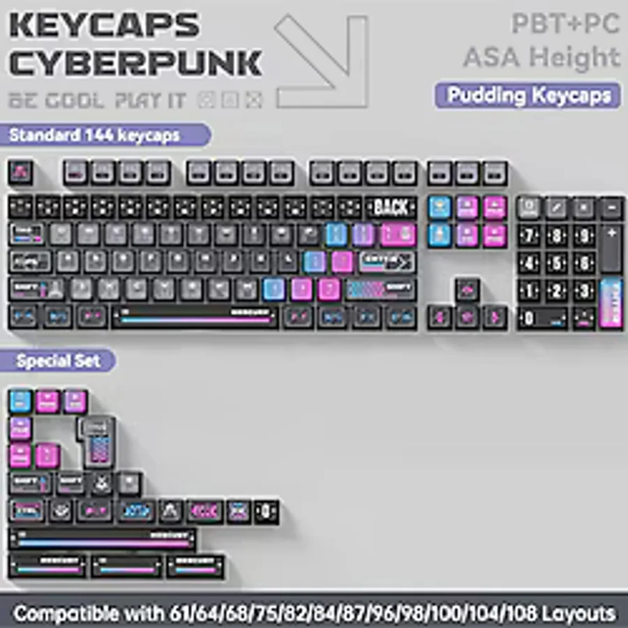 GravaStar Mekanik Oyuncu Klavyesi Tuş Takımı Seti, Mekanik Klavye ile Uyumlu Tuşlar, Cyberpunk