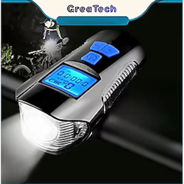 Greatech Şarjlı Bisiklet Lcd Hız Göstergesi Su Geçirmez Led Işık Km Ekran Kronometre Bisiklet Kornası Feneri Siyah - Mavi