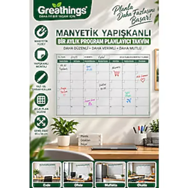 Greathings 85x56 cm Manyetik Yapışkanlı Aylık Planlayıcı Takvim Silinebilir Duvar Program Panosu
