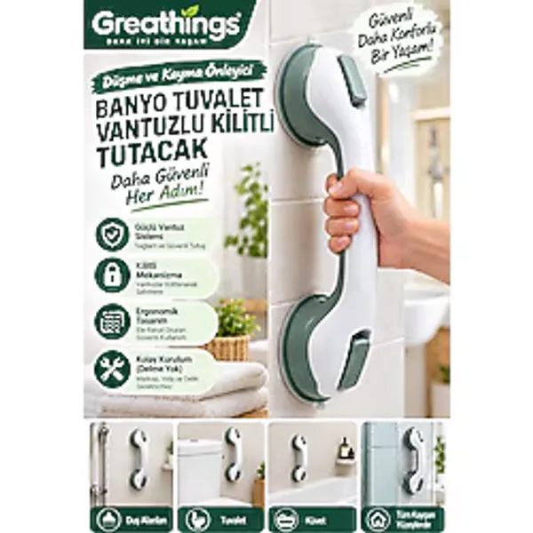 Greathings Vantuzlu Kilitli Banyo Tutacağı Kayma Düşme Önleyici Delmesiz Güvenlik Tutunma Barı