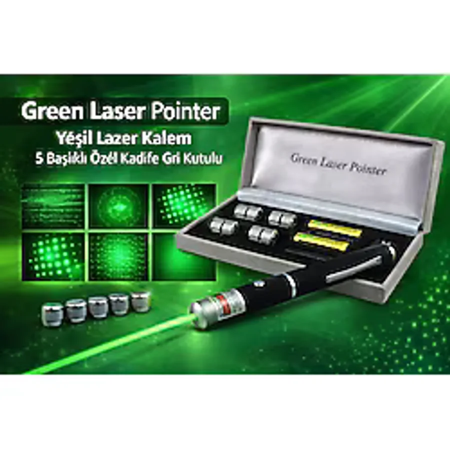 Green Laser Pointer Yeşil Lazer Kalem 5 Başlıklı Özel Kadife Gri Kutulu
