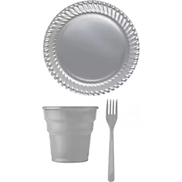 Gri Renk Plastik Tabak Bardak Çatal Seti 24 Kişilik
