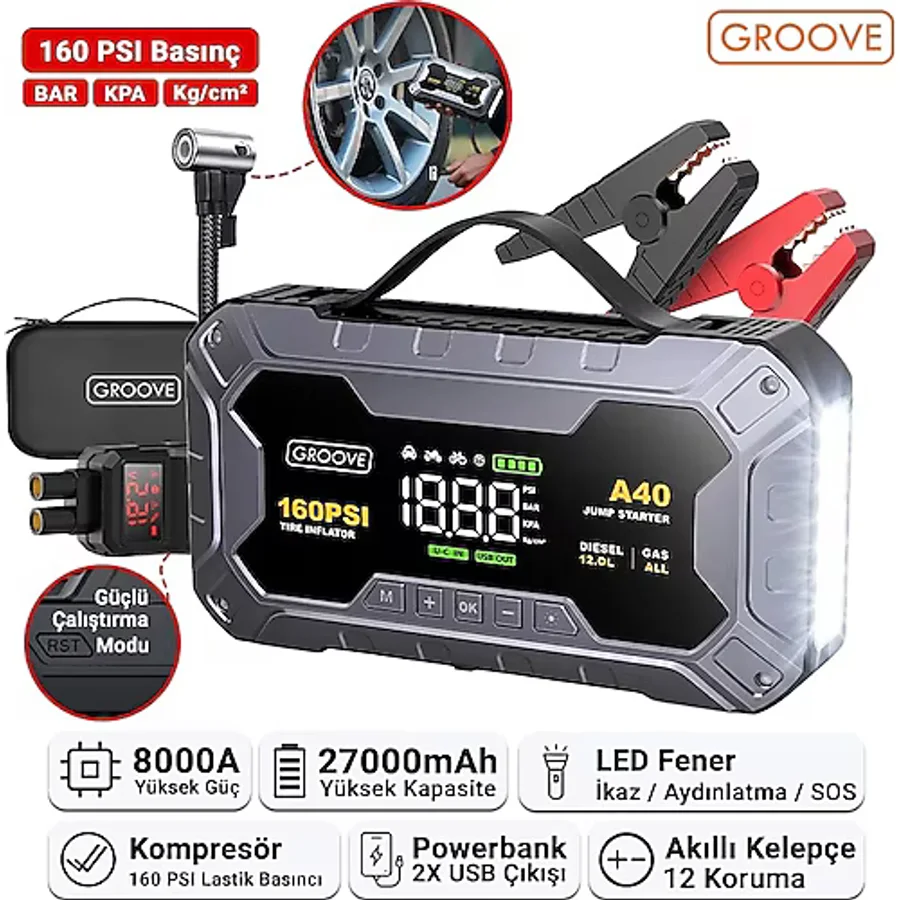 GROOVE A40 27000mAh 8000A Akü Takviye Cihazı+Lastik Şişirme Pompası Kompresörlü Jump Starter (Çanta+Powerbank+Led Lamba+LCD Ekran)