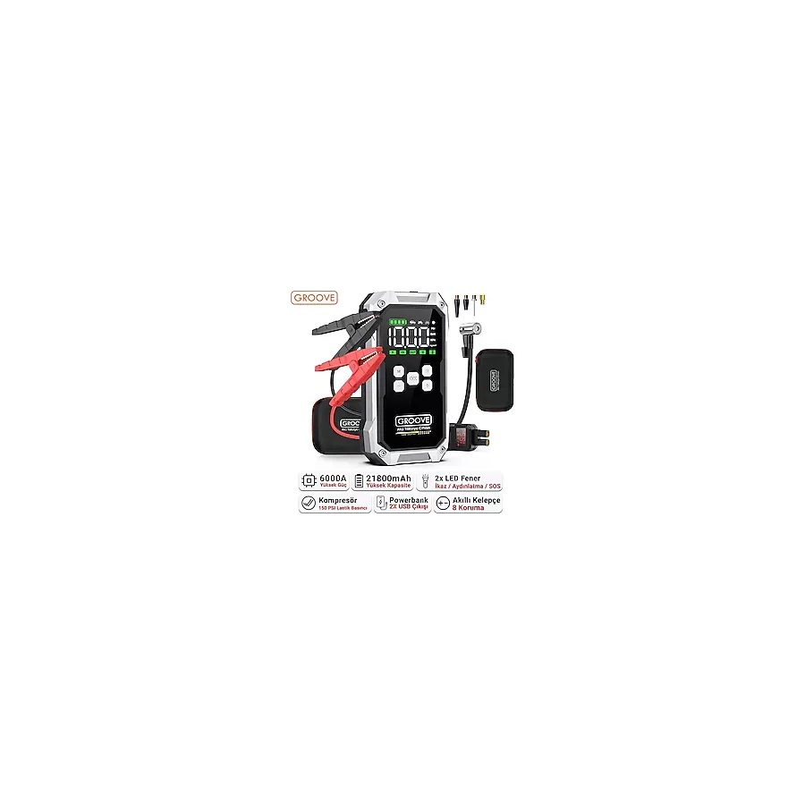 GROOVE F04 21800mAh 6000A Akü Takviye Cihazı+Lastik Şişirme Pompası Kompresörlü Jump Starter (Çanta+Powerbank+Led Lamba+LCD Ekran)